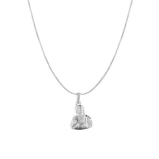 Guru Nanak Chain Pendant (Pendant with Box Chain) for Men and women Pure Silver spiritual Punjabi Sikh Sardar Baba Guru Nanak Chain Locket for Good Luck, Health & Wealth