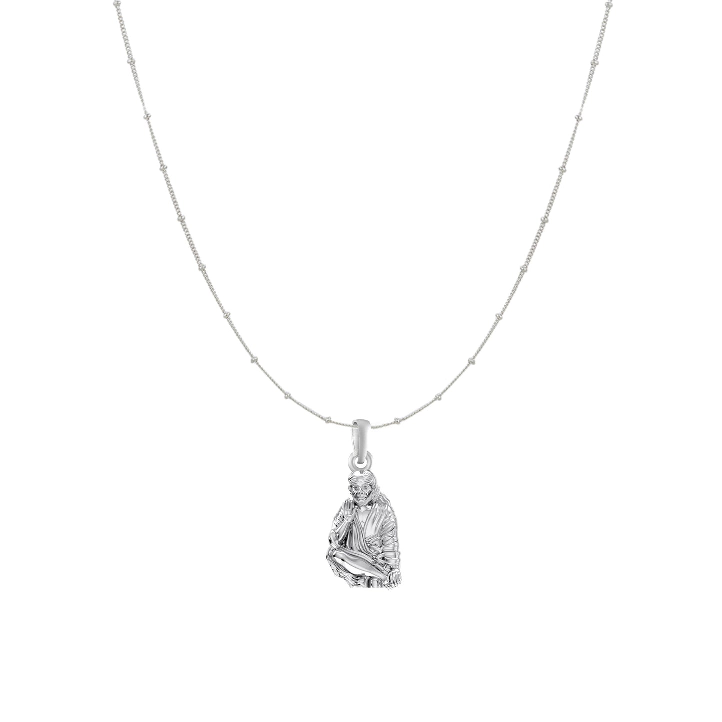 AKSHAT SAPPHIRE Sterling Silver (Silver with 92.5% purity) God Shree Sai Baba chain Pendant (Pendant with Ball/Beads Chain) for Men & Women Pure Sterling Silver Lord Sai Baba chain Locket For Good Wealth & Health