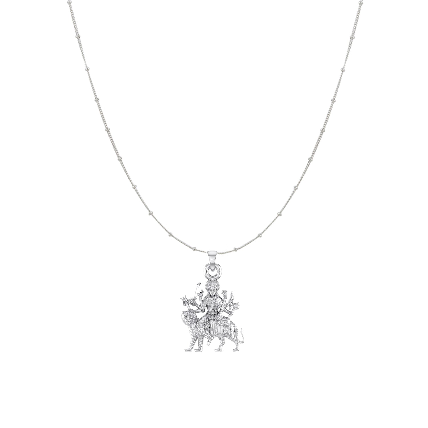 Akshat Sapphire Sterling Silver (92.5% purity) Goddess Durga Maa Chain Pendant (Pendant with Ball/Beads Chain) for Men & Women Pure Silver Durga Maa chain Locket for Good Health & Wealth