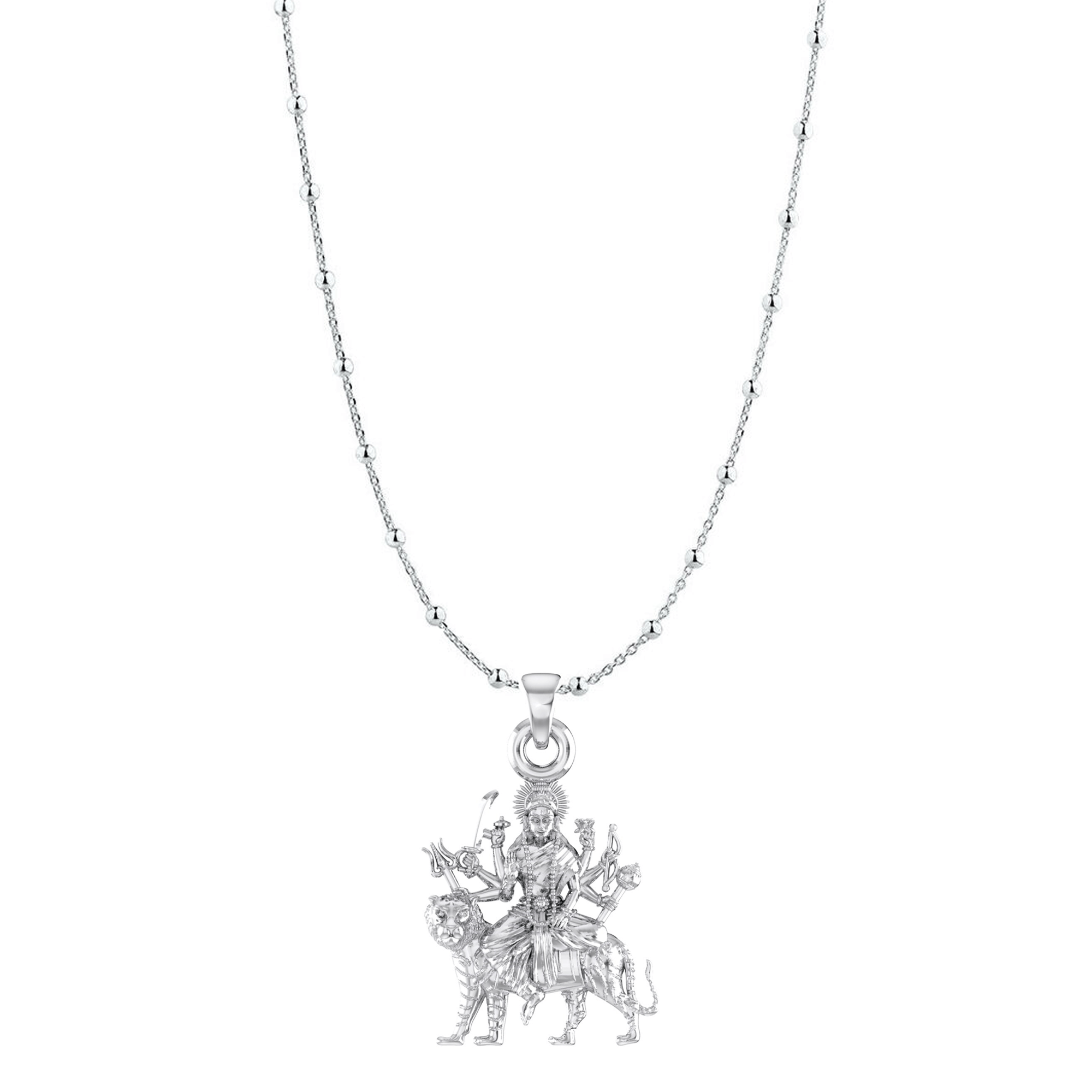 Akshat Sapphire Sterling Silver (92.5% purity) Goddess Durga Maa Chain Pendant (Pendant with Ball/Beads Chain) for Men & Women Pure Silver Durga Maa chain Locket for Good Health & Wealth