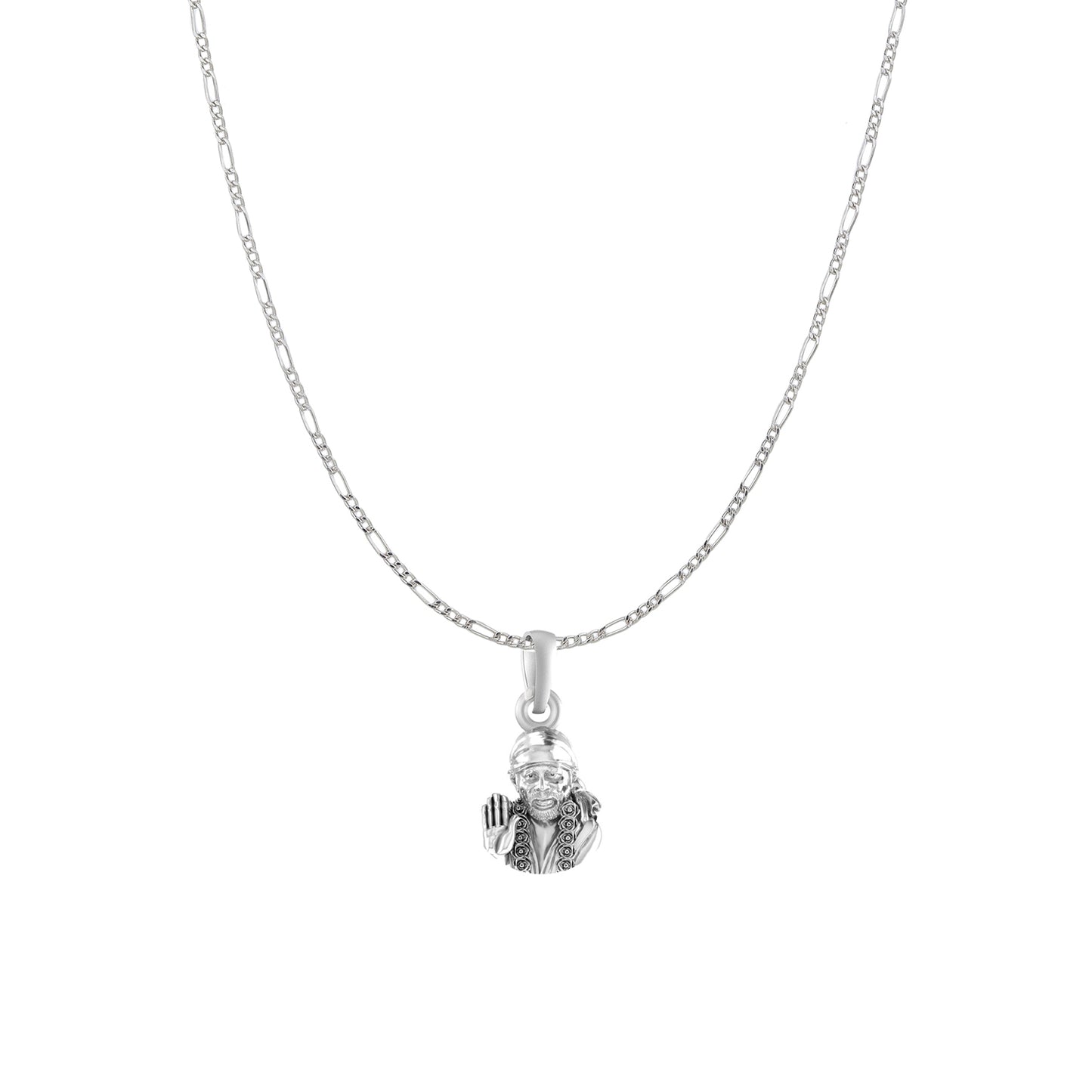 AKSHAT SAPPHIRE Sterling Silver (Silver with 92.5% purity) God Shree Sai Baba chain Pendant (Pendant with Figaro Chain) for Men & Women Pure Sterling Silver Lord Sai Baba chain Locket For Good Wealth & Health