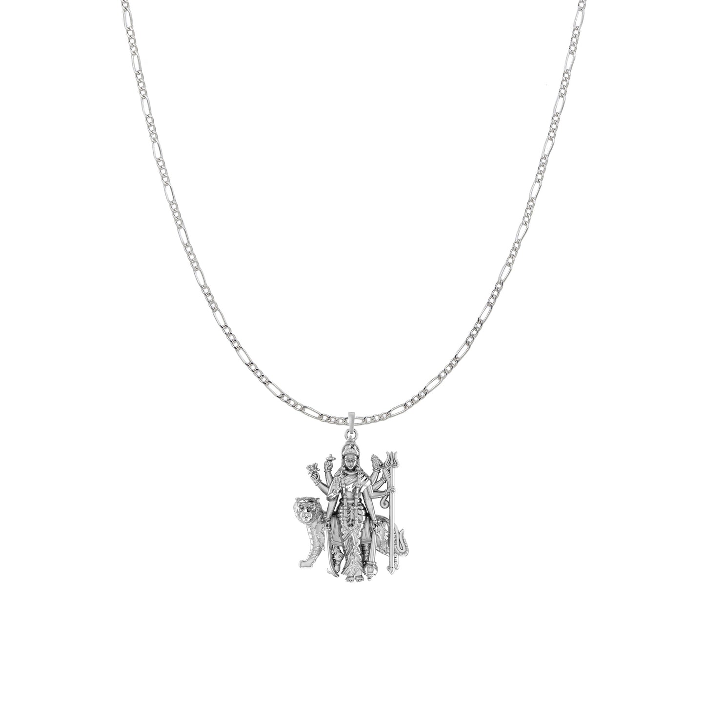 Akshat Sapphire Sterling Silver (92.5% purity) Goddess Durga Maa Chain Pendant (Pendant with Figaro Chain) for Men & Women Pure Silver Durga Maa chain Locket for Good Health & Wealth