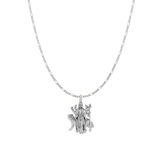 Akshat Sapphire Sterling Silver (92.5% purity) Goddess Durga Maa Chain Pendant (Pendant with Figaro Chain) for Men & Women Pure Silver Durga Maa chain Locket for Good Health & Wealth