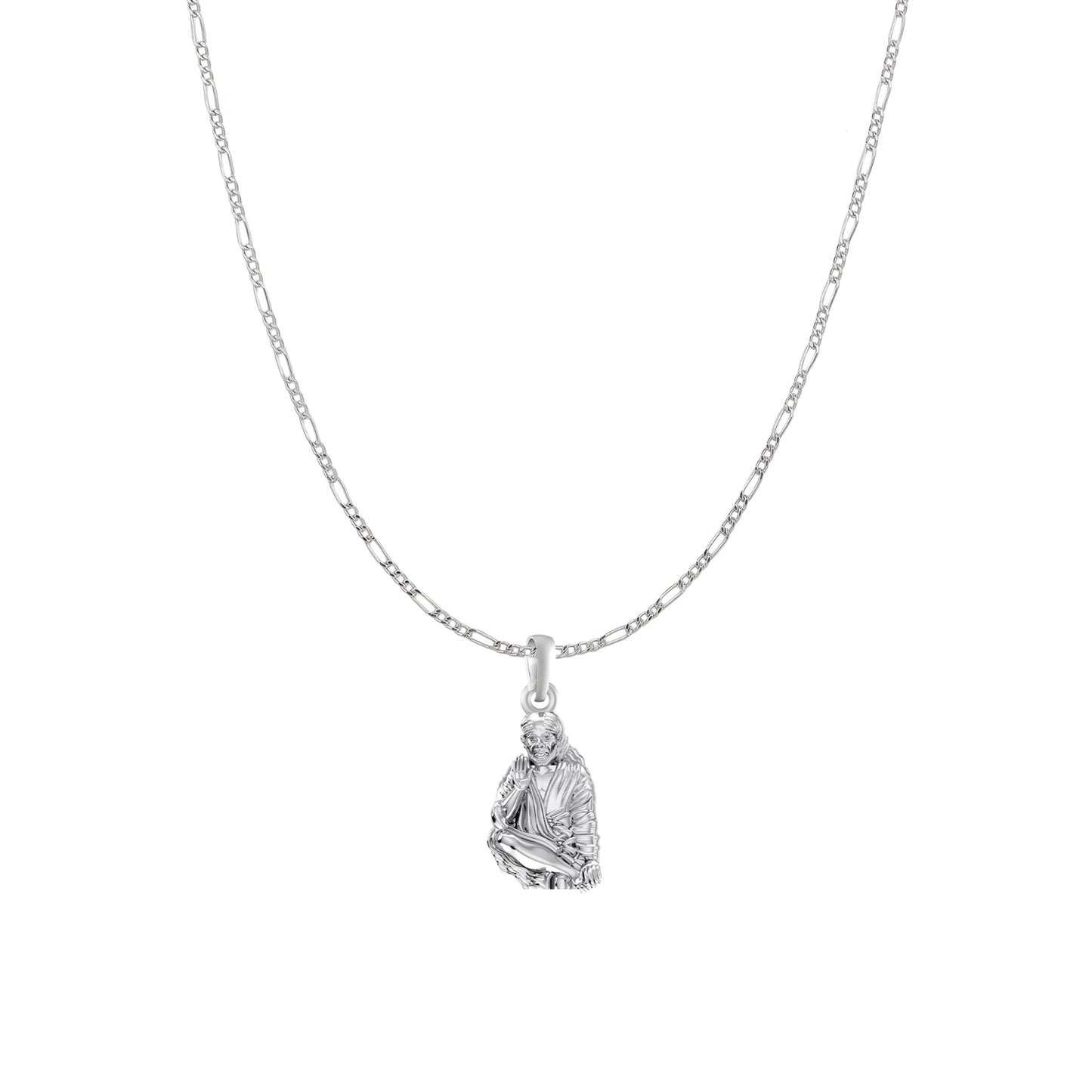 AKSHAT SAPPHIRE Sterling Silver (Silver with 92.5% purity) God Shree Sai Baba chain Pendant (Pendant with Figaro Chain) for Men & Women Pure Sterling Silver Lord Sai Baba chain Locket For Good Wealth & Health