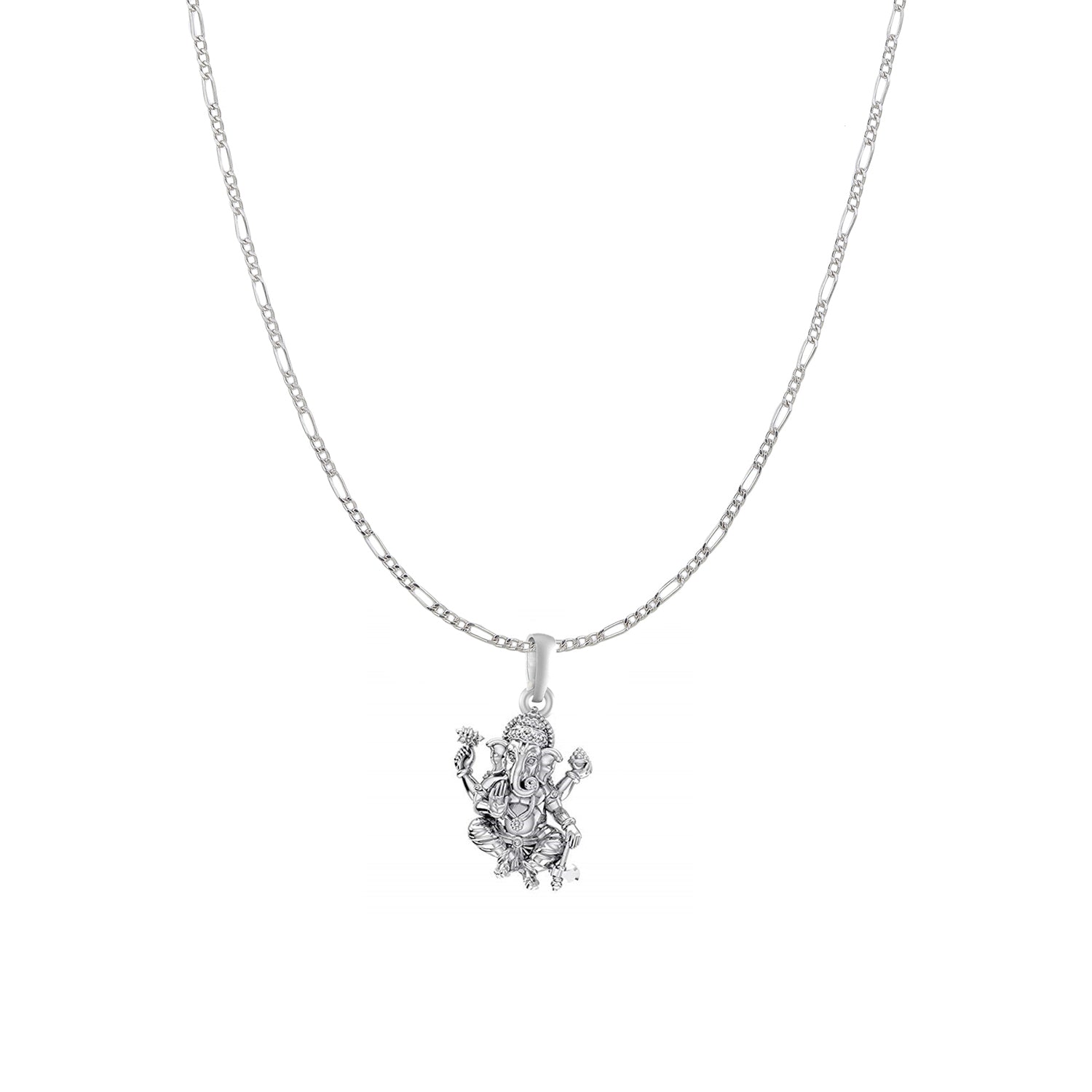 Akshat Sapphire Sterling Silver (92.5% purity) God Ganesha Chain Pendant (Pendant with Figaro Chain) for Men & Women Pure Silver Lord Ganapathy Chain Locket for Good Health & Wealth