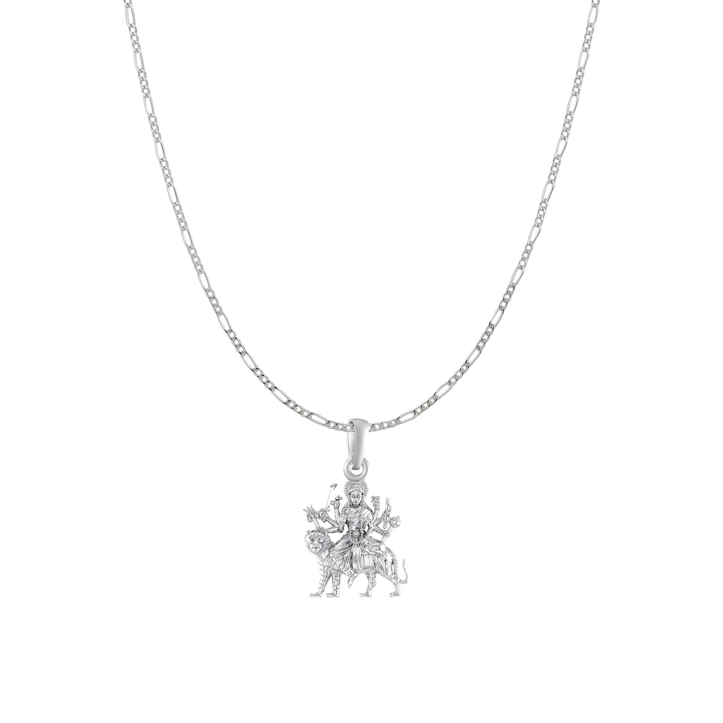 Akshat Sapphire Sterling Silver (92.5% purity) Goddess Durga Maa Chain Pendant (Pendant with Figaro Chain) for Men & Women Pure Silver Durga Maa chain Locket for Good Health & Wealth