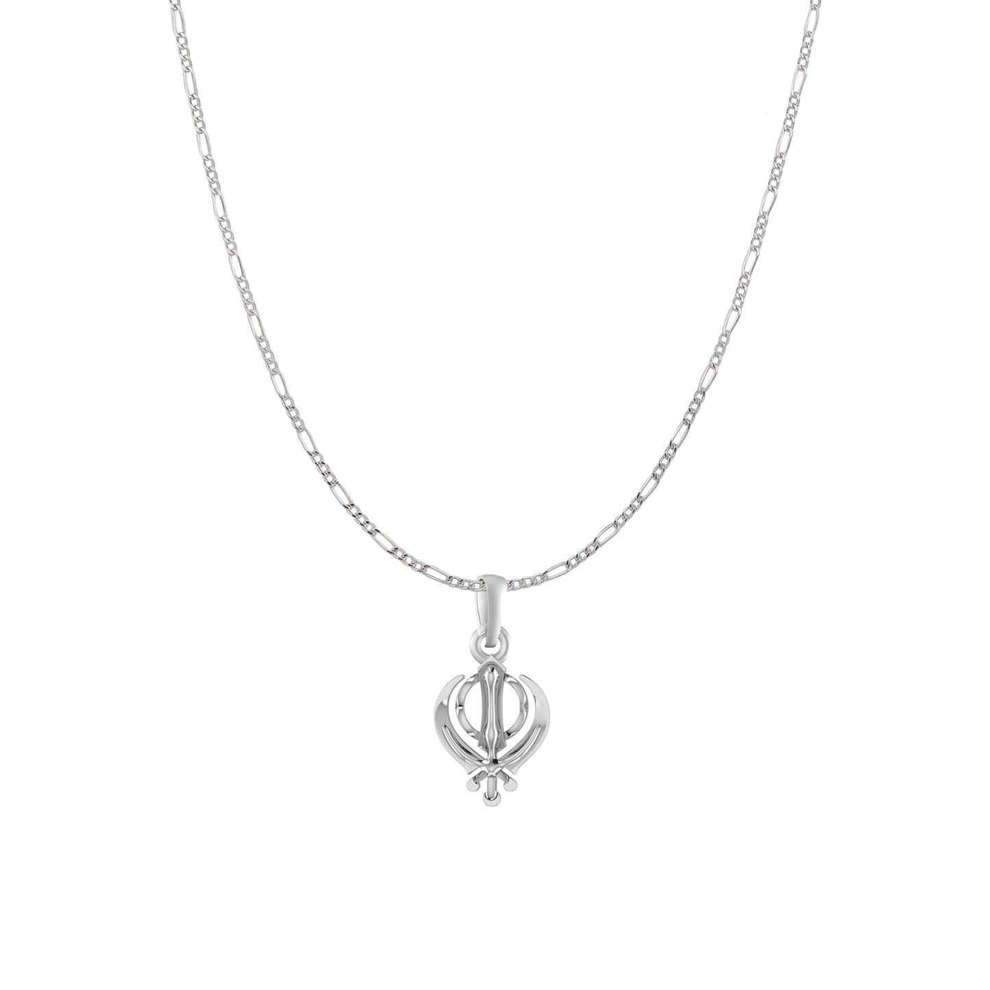 Akshat Sapphire Sterling Silver (92.5% purity) Sikh Khanda Symbol chain Pendant (Pendant with Figaro Chain) for Men and Women Pure Silver spiritual Punjabi Sikh Sardar khanda symbol chain Locket for Good Luck, Health & Wealth