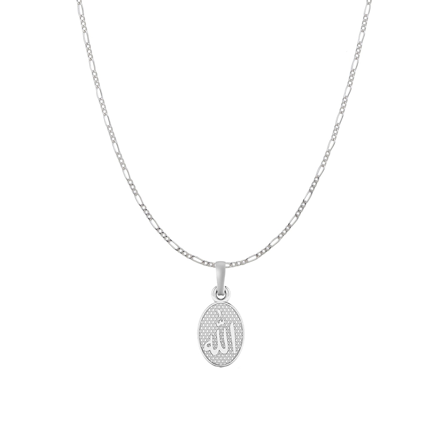 Religious God Allah Barkat Chain Pendant (Pendant with Figaro Chain) for Men and women Pure Silver spiritual Islamic Muslim Allah Barkat Kareem symbol Chain Locket for Good Luck, Health & Wealth