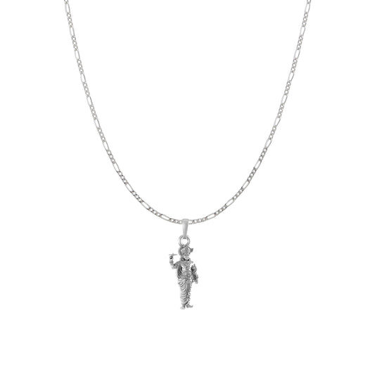 Akshat Sapphire Sterling Silver (92.5% purity) God Krishna Chain Pendant (Pendant with Figaro Chain) for Men & Women Pure Silver Lord Krishna Chain Locket for Good Health & Wealth