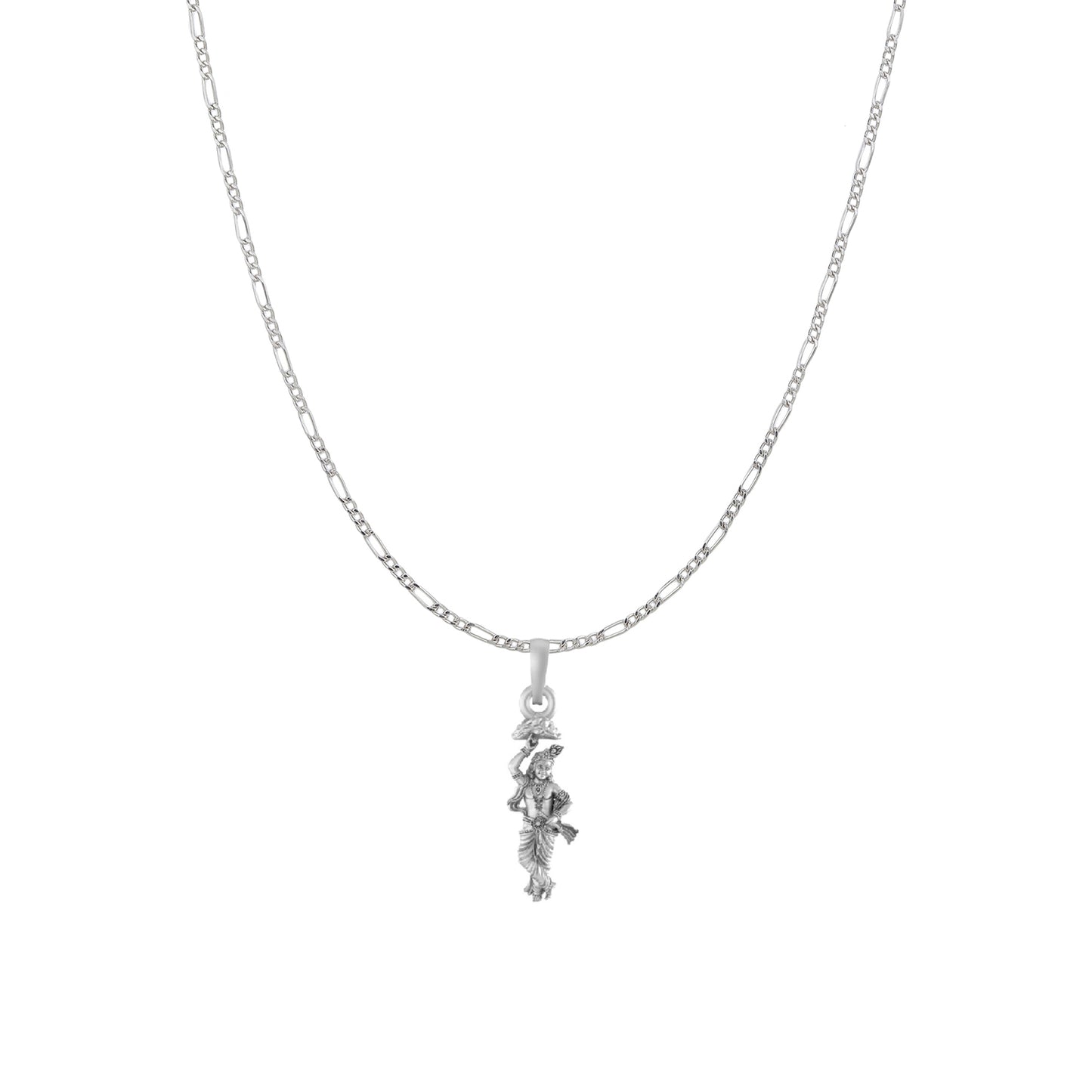 Akshat Sapphire Sterling Silver (92.5% purity) God Krishna Chain Pendant (Pendant with Figaro Chain) for Men & Women Pure Silver Lord Krishna Chain Locket for Good Health & Wealth