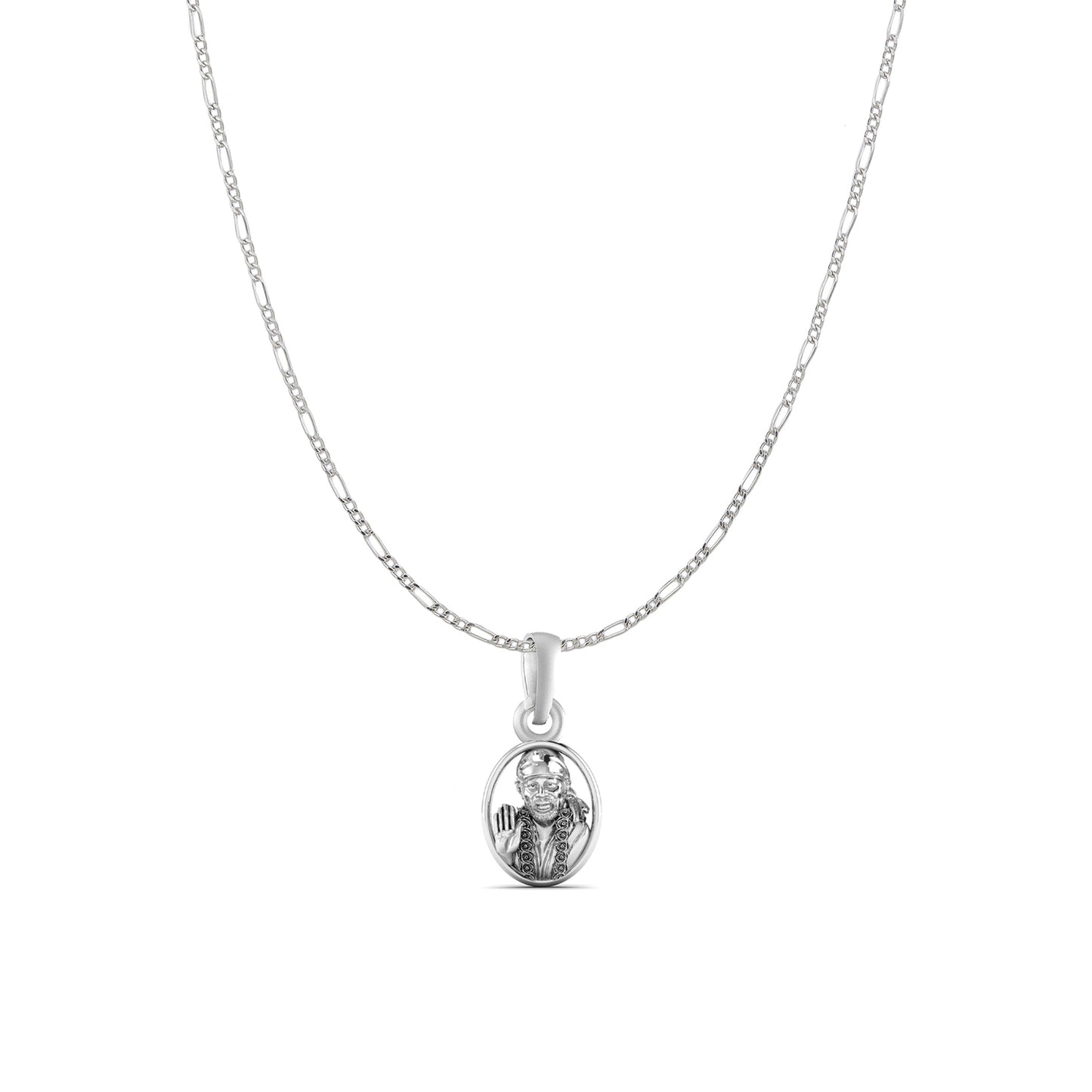 AKSHAT SAPPHIRE Sterling Silver (Silver with 92.5% purity) God Shree Sai Baba chain Pendant (Pendant with Figaro Chain) for Men & Women Pure Sterling Silver Lord Sai Baba chain Locket For Good Wealth & Health