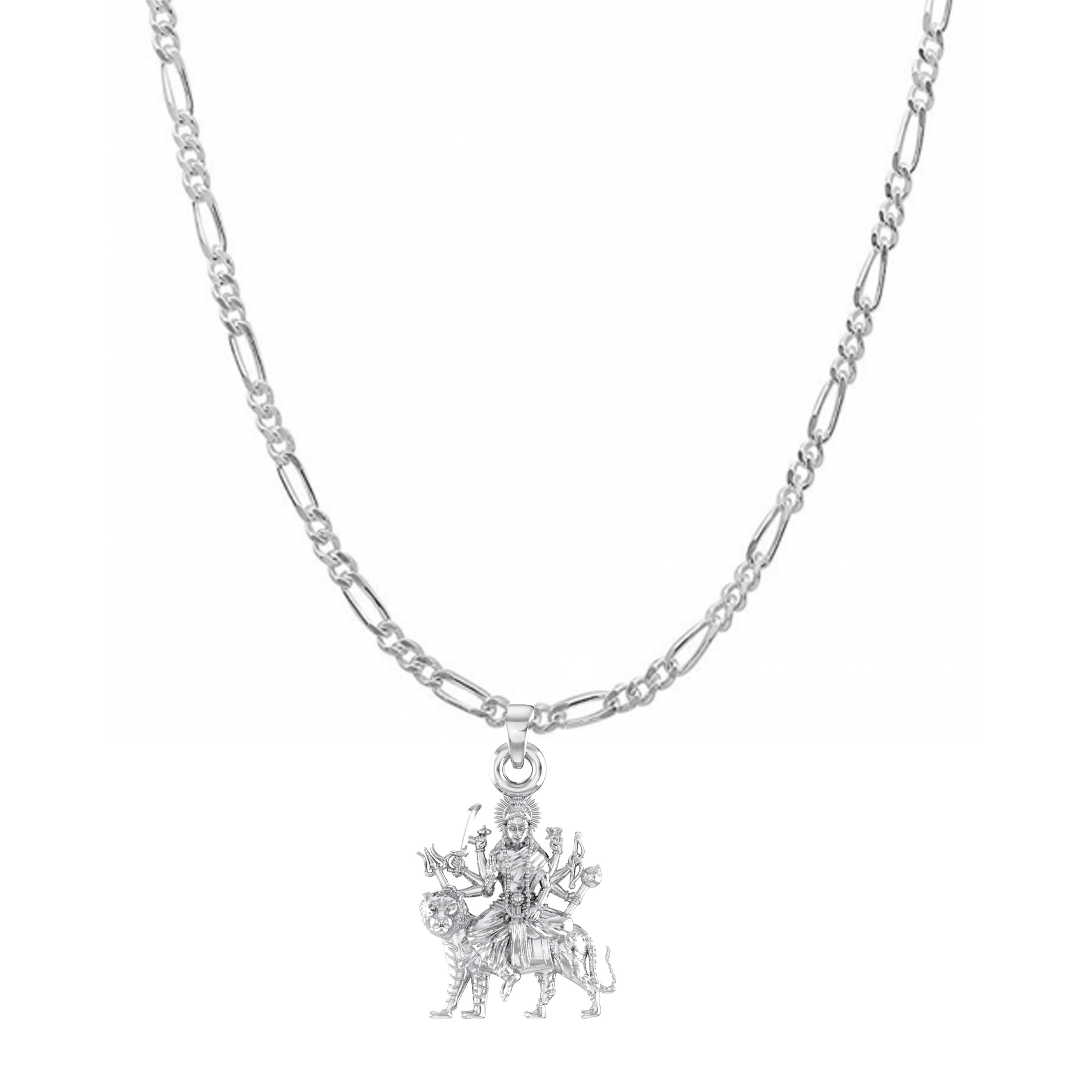Akshat Sapphire Sterling Silver (92.5% purity) Goddess Durga Maa Chain Pendant (Pendant with Figaro Chain) for Men & Women Pure Silver Durga Maa chain Locket for Good Health & Wealth