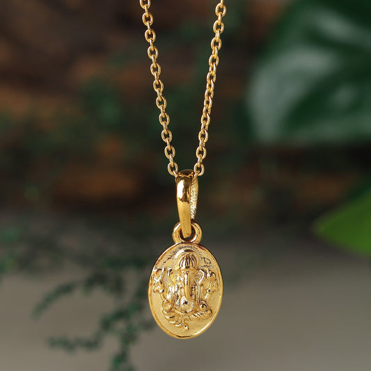 22KT Gold Plated Sterling Silver (92.5% Purity) Pure Silver God Ganesha Chain Pendant (Locket with Figaro Chain) for Women