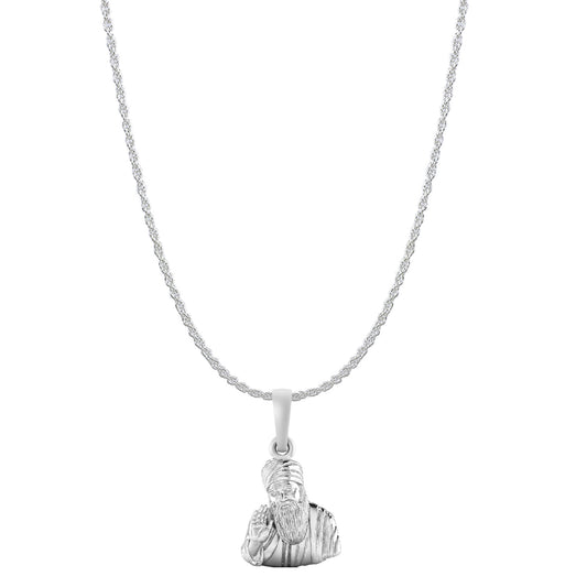 Guru Nanak Chain Pendant (Pendant with Rope Chain) for Men and women Pure Silver spiritual Punjabi Sikh Sardar Baba Guru Nanak Chain Locket for Good Luck, Health & Wealth