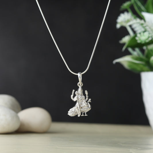 Akshat Sapphire Sterling Silver (92.5% purity) God Kartikeya Chain Pendant (Pendant with Rope Chain) for Men & Women Pure Silver Lord Kartikeya Chain Locket for Good Health & Wealth