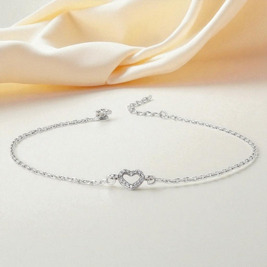 92.5% Pure Silver Rhodium Plated Forever Heart Anklet For Girls & Womens Chandi Ki Payal