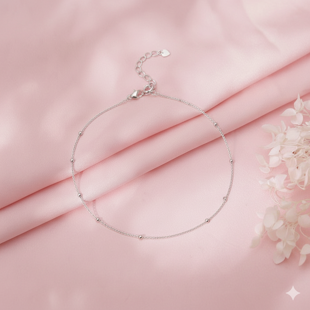 92.5% Pure Silver Rhodium Plated Plain Ball Anklet For Girls & Womens Chandi Ki Payal