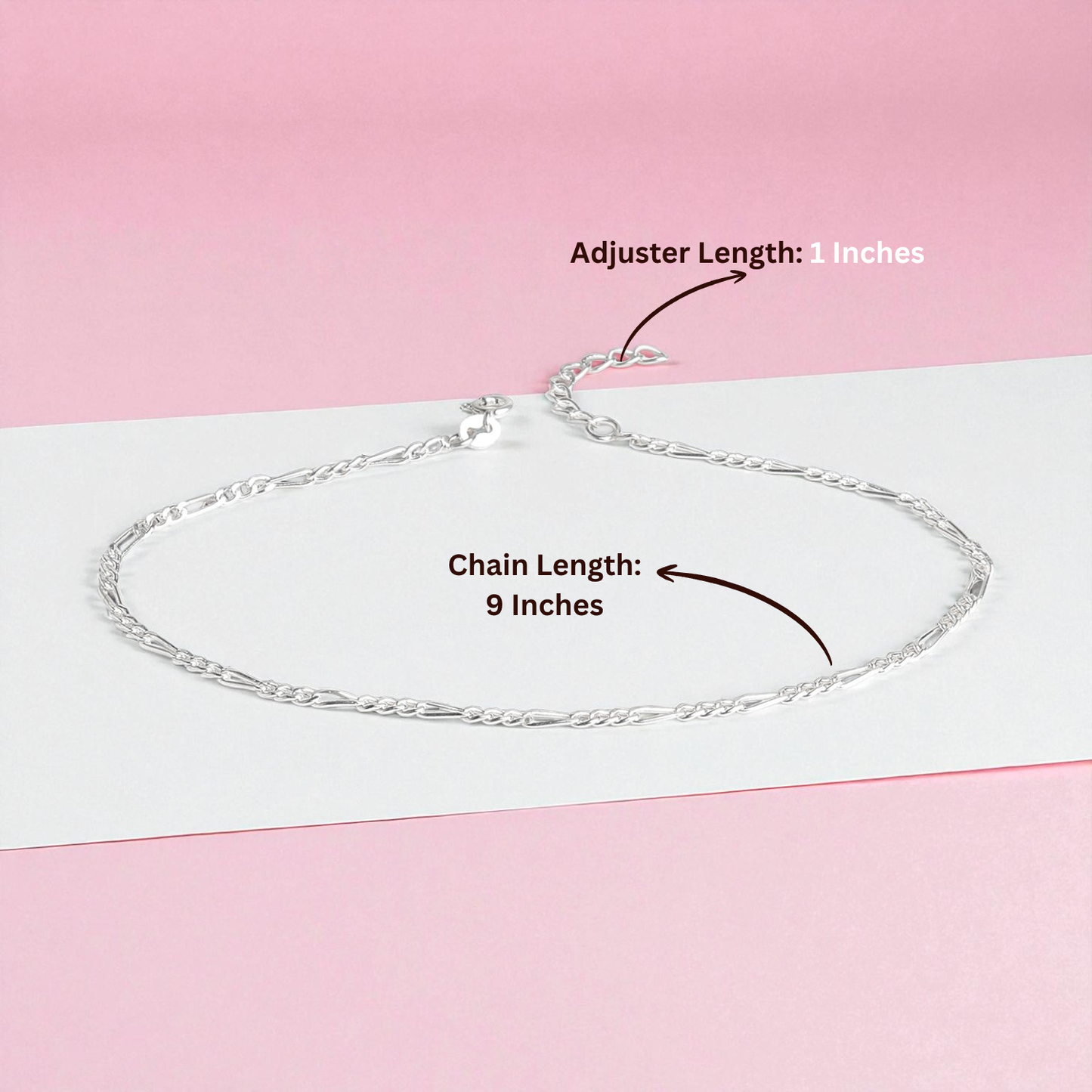 92.5% Pure Silver Rhodium Plated Chain Figaro Anklet For Girls & Womens Chandi Ki Payal