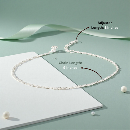 92.5% Pure Silver Rhodium Plated Plain Rope Anklet For Girls & Womens Chandi Ki Payal