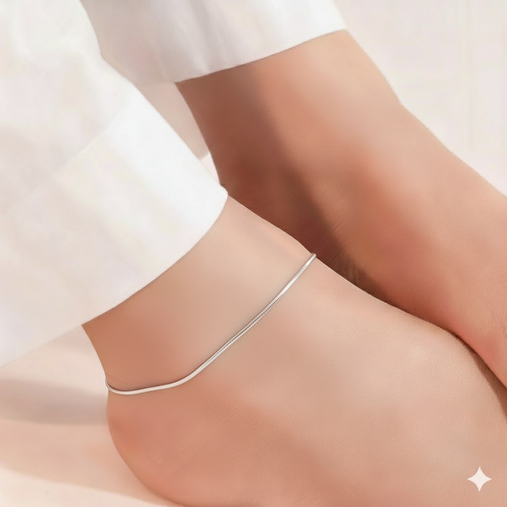 92.5% Pure Silver Rhodium Plated Plain Snake Anklet For Girls & Womens Chandi Ki Payal