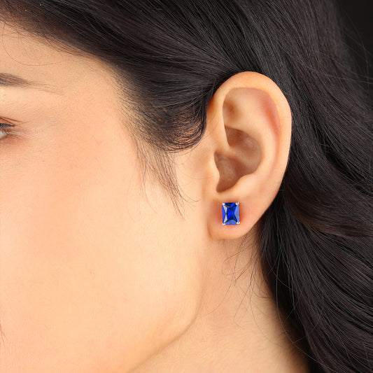 Akshat Sapphire Sterling Silver (92.5% purity) Precious Stud Earrings for Girls and Women Pure Silver Beautiful and Designer studs earring with cubic zirconia (AD) stones (8mm × 6mm)
