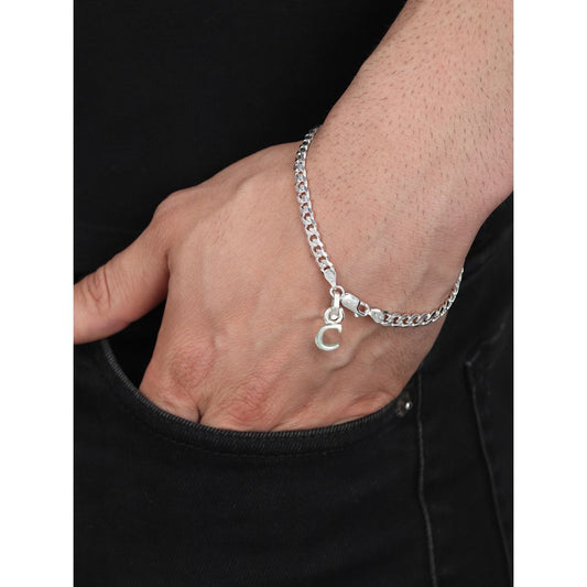 Akshat Sapphire 92.5% pure Sterling Silver Curb Designer Bracelet with C Alphabet for Men