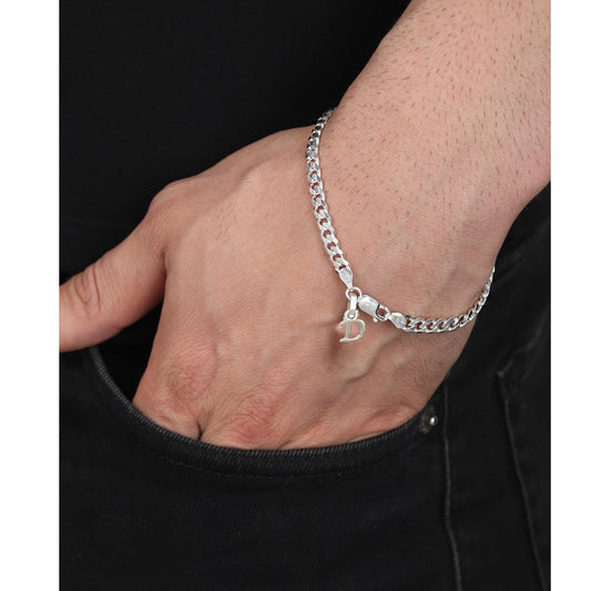 Akshat Sapphire 92.5% pure Sterling Silver Curb Designer Bracelet with D Alphabet for Men