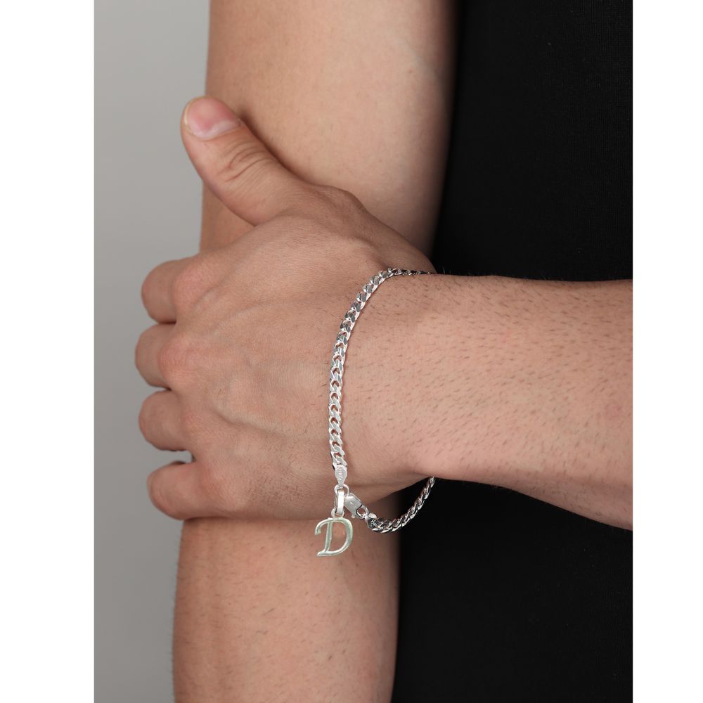 Akshat Sapphire 92.5% pure Sterling Silver Curb Designer Bracelet with D Alphabet for Men