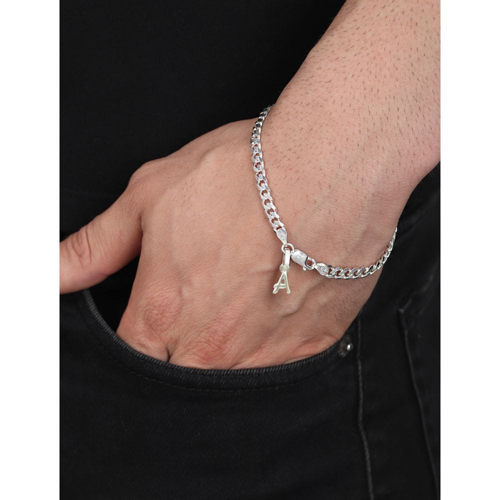 Sterling Silver 92.5% Pure Curb Bracelet with A Alphabet for Men by Akshat Sapphire BRMC_A