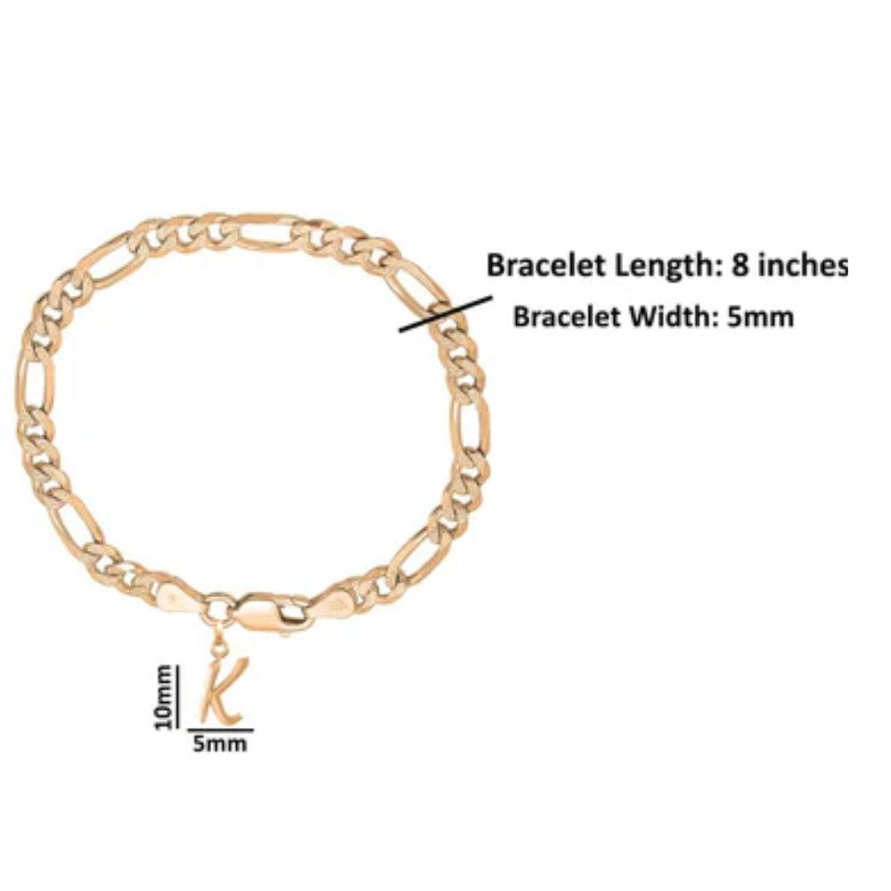 22KT gold plated 92.5% pure Sterling Silver Figaro Designer Bracelet with K Alphabet for Men