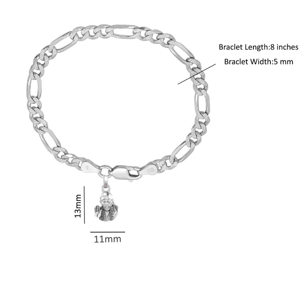Akshat Sapphire 92.5% pure Sterling Silver Figaro Designer Bracelet with Charm Sai Baba for Men & Boy