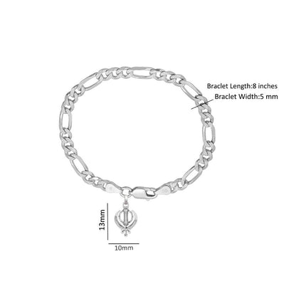 Akshat Sapphire 92.5% pure Sterling Silver Figaro Designer Bracelet with Sikh khanda Symbol for Men