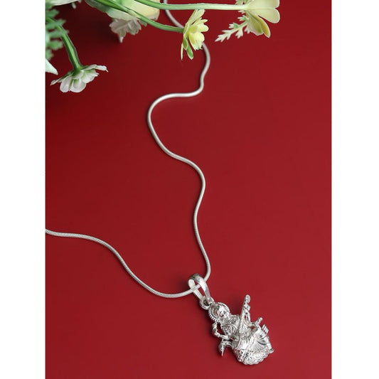 Akshat Sapphire Sterling Silver (92.5% purity) Goddess Saraswati Maa Chain Pendant (Pendant with Figaro Chain-22 inches) for Men & Women Pure Silver Lord Saraswati Maa Chain Locket for Health & Wealth