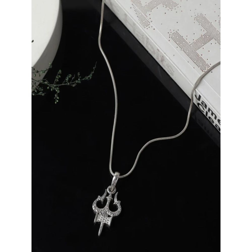Sterling Silver (92.5% Purity) Pure Silver Spiritual Shiva Trishul Chain Pendant (Locket with Snake Chain) for Men & Women