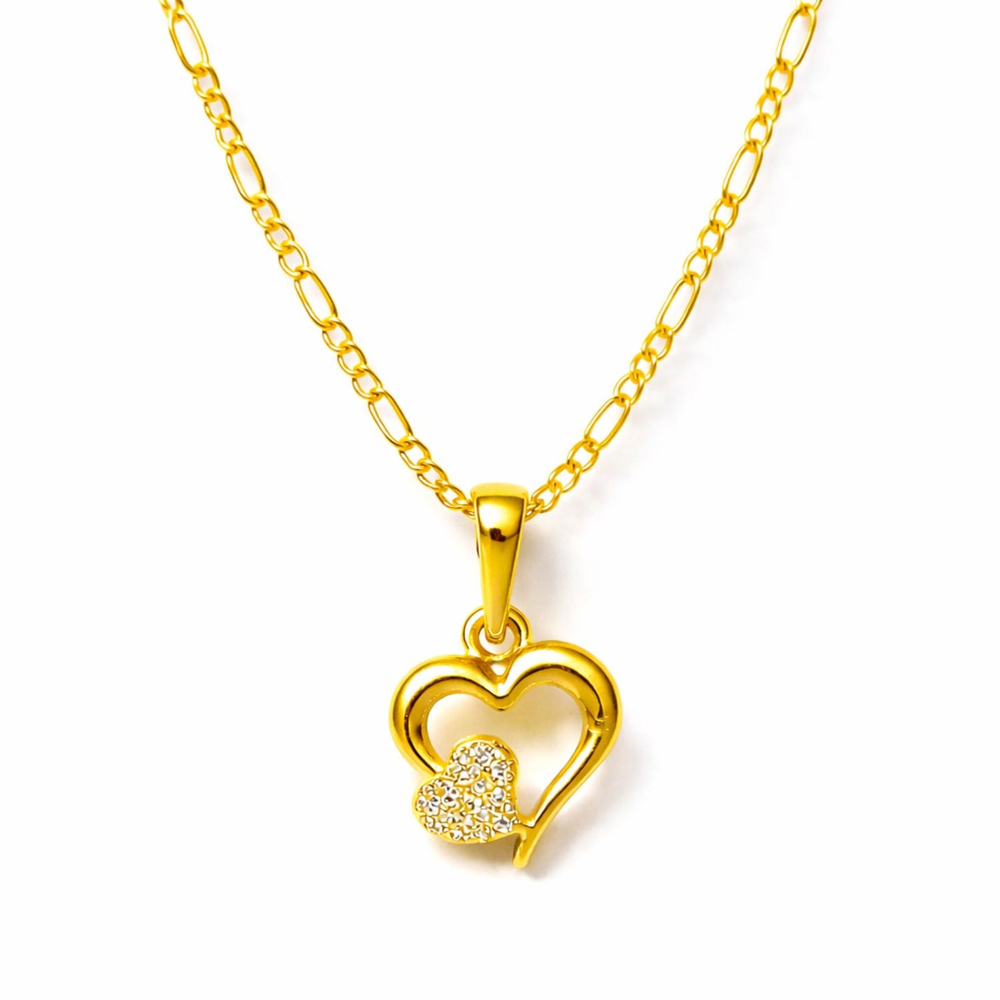 22CT Gold Plated Silver 92.5 Purity Heart Pendant with Figaro Chain 18 Inches for Women by Akshat Sapphire PSF0514_Gold