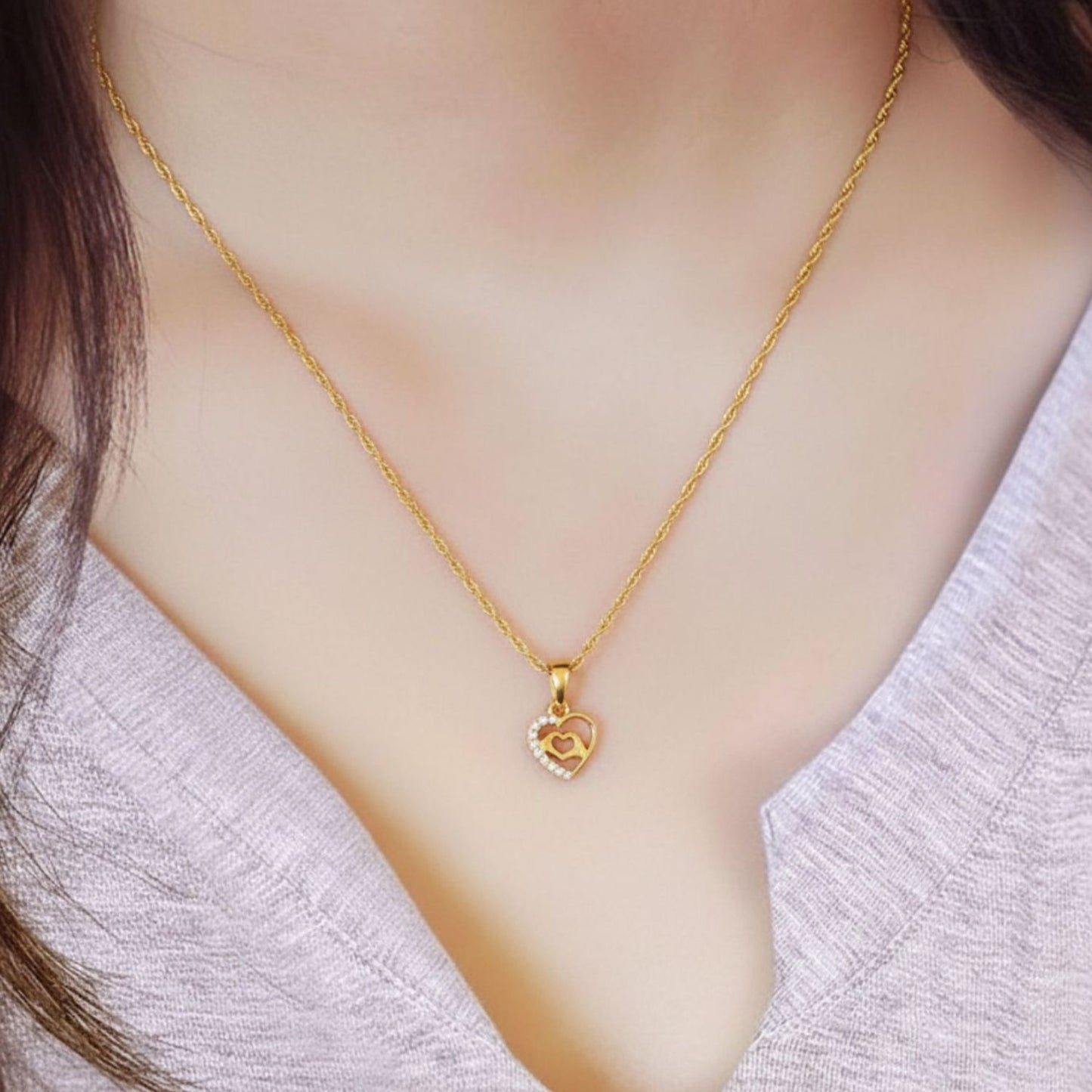 22CT Gold Plated Silver 92.5 Purity Heart Pendant with Rope Chain 18 Inches for Women by Akshat Sapphire PSR0510_Gold