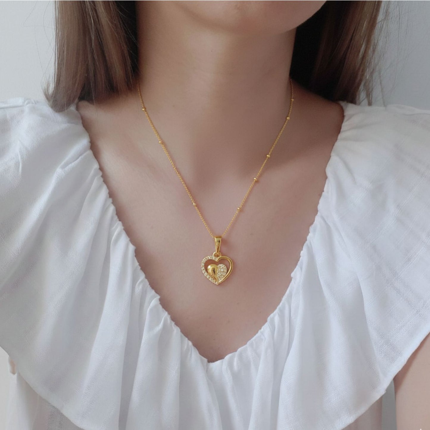 22CT Gold Plated Silver 92.5 Purity Heart Pendant with Ball Chain 18 Inches for Women by Akshat Sapphire PSBL0509_Gold