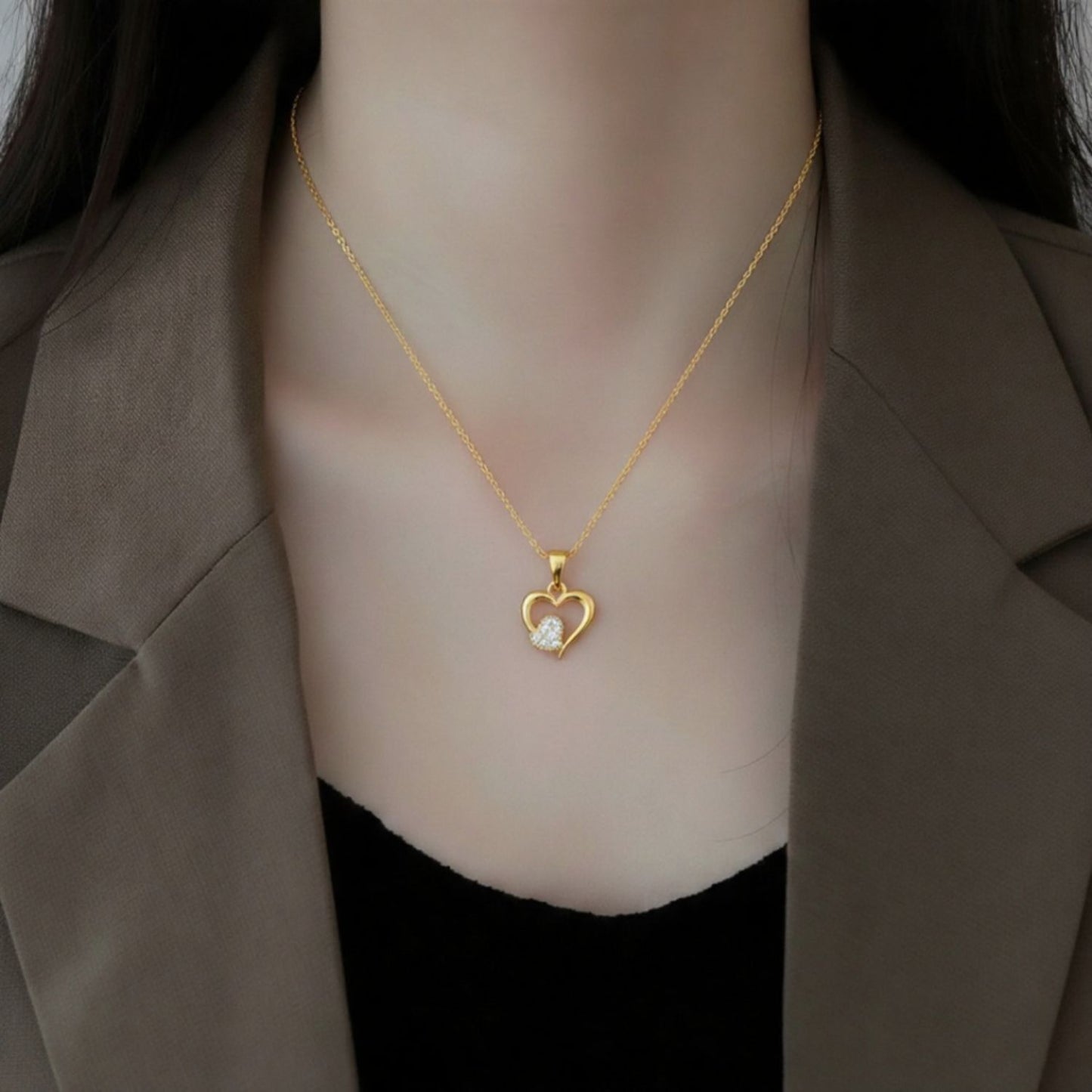 22CT Gold Plated Silver 92.5 Purity Heart Pendant with Anchor Chain 18 Inches for Women by Akshat Sapphire PSA0514_Gold