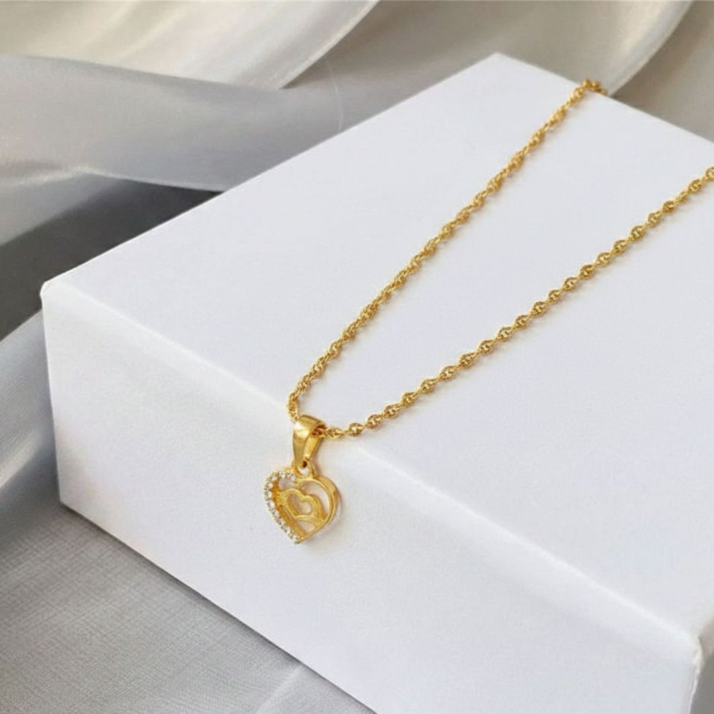22CT Gold Plated Silver 92.5 Purity Heart Pendant with Rope Chain 18 Inches for Women by Akshat Sapphire PSR0510_Gold
