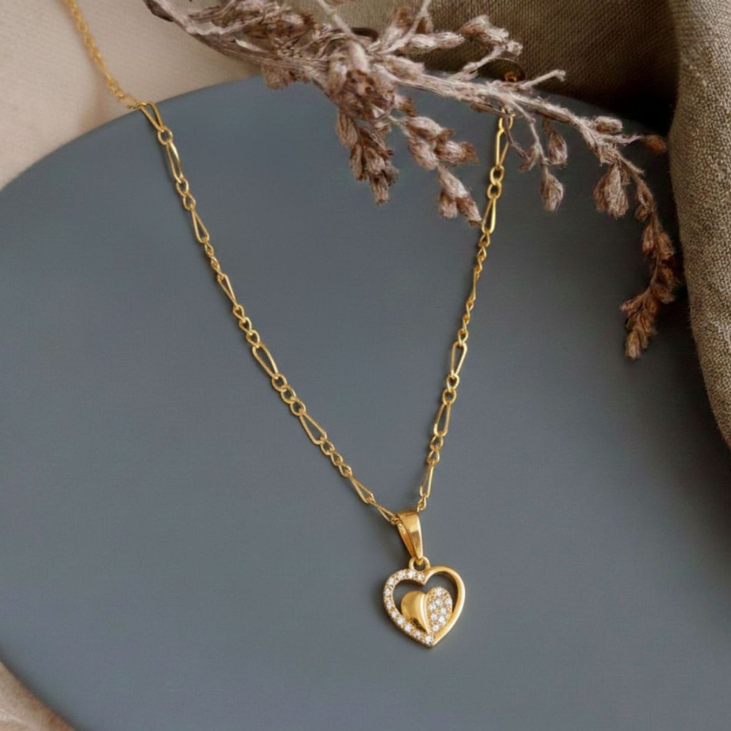 22CT Gold Plated Silver 92.5 Purity Heart Pendant with Figaro Chain 18 Inches for Women by Akshat Sapphire PSF0509_Gold