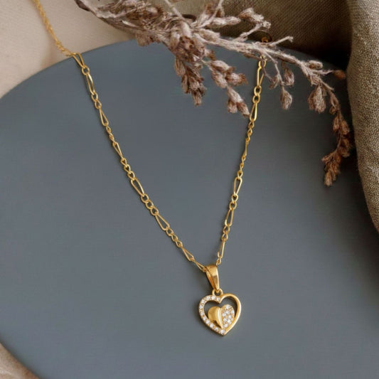 22CT Gold Plated Silver 92.5 Purity Heart Pendant with Figaro Chain 18 Inches for Women by Akshat Sapphire PSF0509_Gold