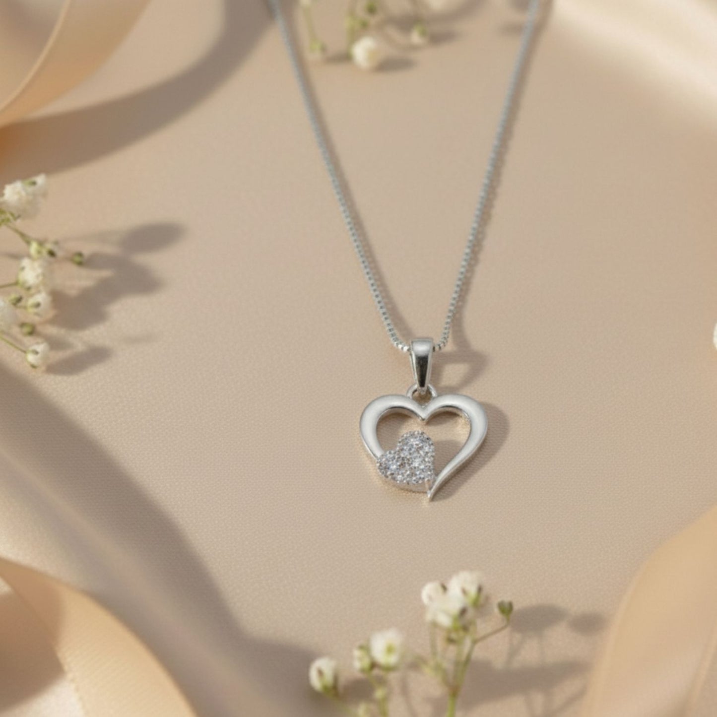 Sterling Silver Heart Pendant with 18 Inches box Chain for Women by Akshat Sapphire 92.5 Silver PSB0514