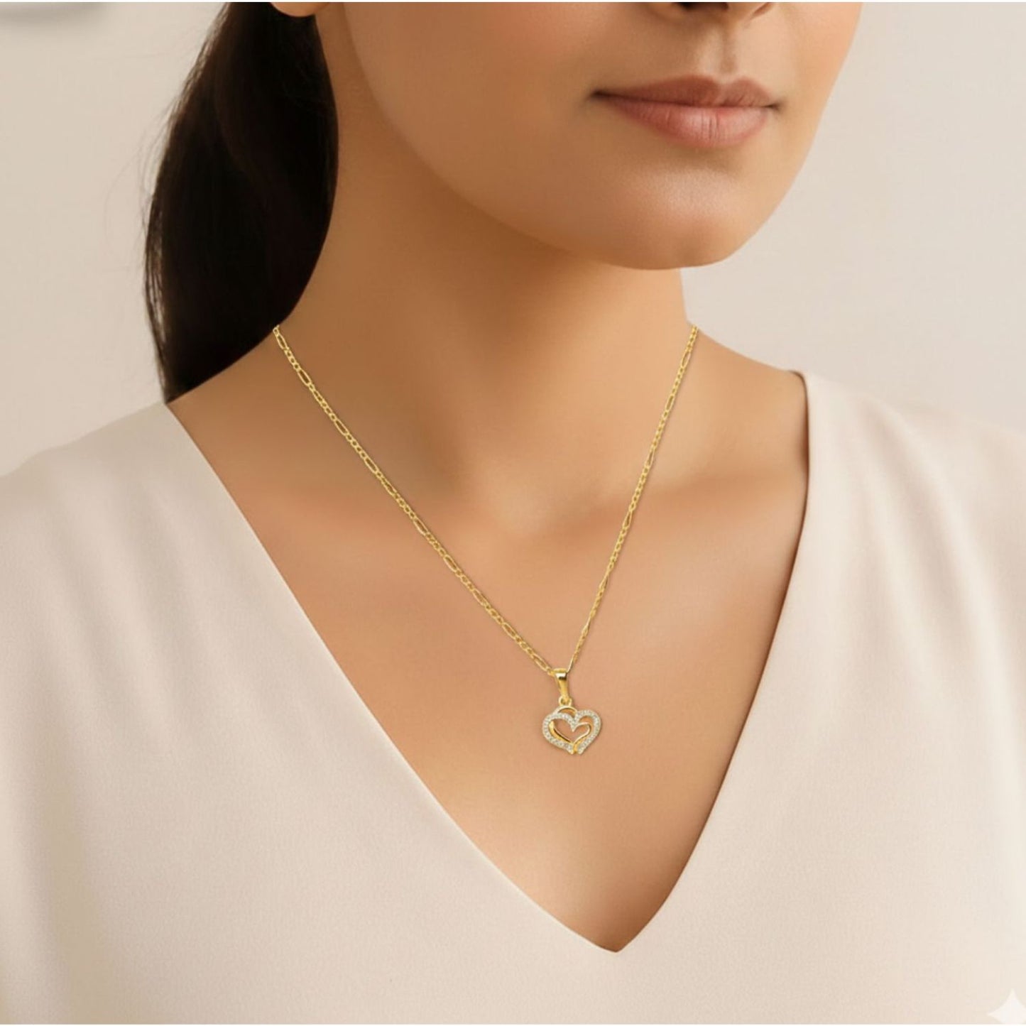 22CT Gold Plated Silver 92.5 Purity Heart Pendant with Figaro Chain 18 Inches for Women by Akshat Sapphire PSF0506_Gold
