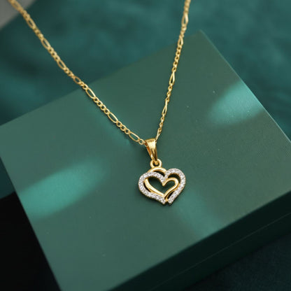 22CT Gold Plated Silver 92.5 Purity Heart Pendant with Figaro Chain 18 Inches for Women by Akshat Sapphire PSF0506_Gold
