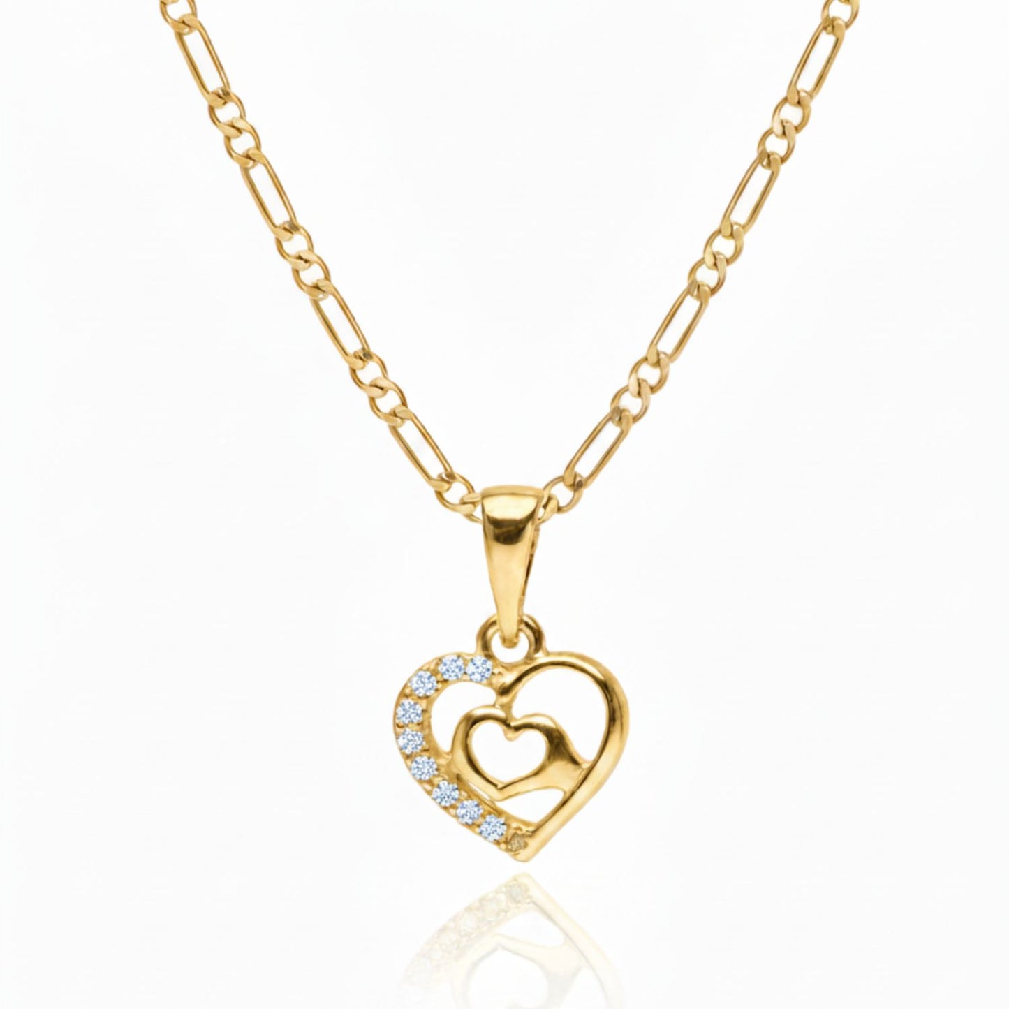 22CT Gold Plated Silver 92.5 Purity Heart Pendant with Figaro Chain 18 Inches for Women by Akshat Sapphire PSF0510_Gold