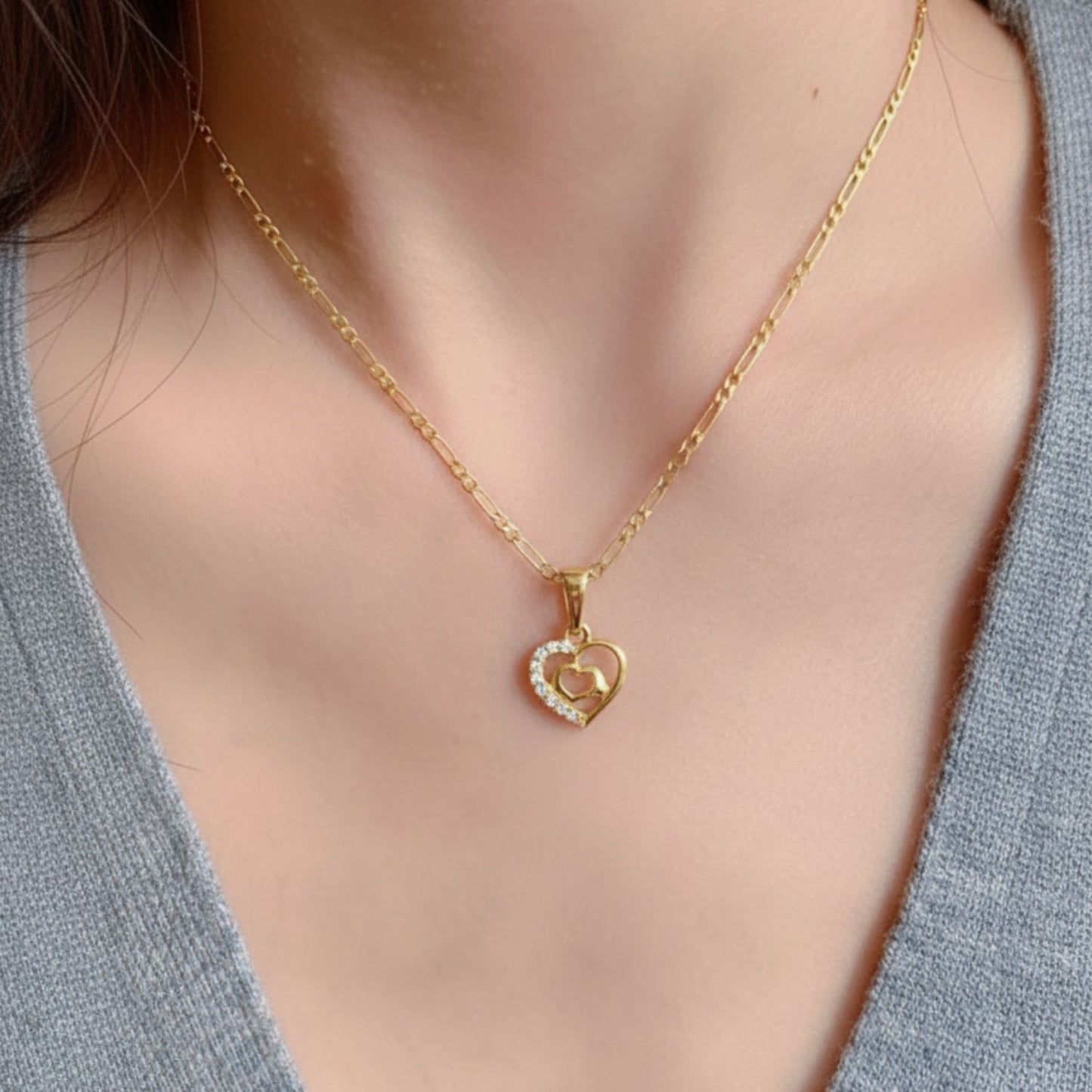 22CT Gold Plated Silver 92.5 Purity Heart Pendant with Figaro Chain 18 Inches for Women by Akshat Sapphire PSF0510_Gold