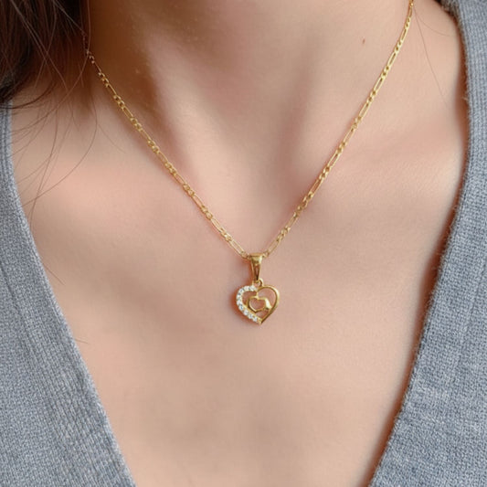 22CT Gold Plated Silver 92.5 Purity Heart Pendant with Figaro Chain 18 Inches for Women by Akshat Sapphire PSF0510_Gold