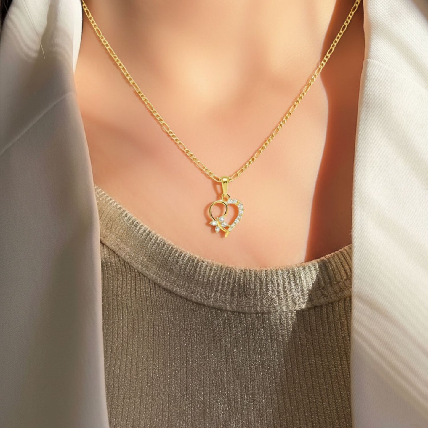 22CT Gold Plated Silver 92.5 Purity Heart Pendant with Figaro Chain 18 Inches for Women by Akshat Sapphire PSF0507_Gold