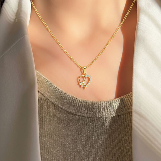 22CT Gold Plated Silver 92.5 Purity Heart Pendant with Figaro Chain 18 Inches for Women by Akshat Sapphire PSF0507_Gold