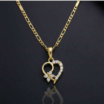 22CT Gold Plated Silver 92.5 Purity Heart Pendant with Figaro Chain 18 Inches for Women by Akshat Sapphire PSF0507_Gold